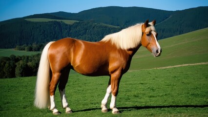 Beautiful Haflinger horse looking towards the left, showcasing its strong, elegant build. Ideal for equestrian photography, breed identification, or horse-related digital designs