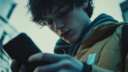 Young man in a yellow jacket using smartphone at night, focused on the screen, bokeh city lights in the background