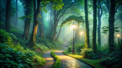 Obraz premium Tranquil Forest Pathway in Soft Cool Light - Serene Landscape Photography