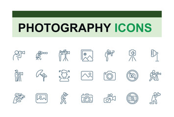 Photography and videography related line icons. Contains such icons as camera, photo, picture, image Gallery. Vector illustration in thin line modern style.