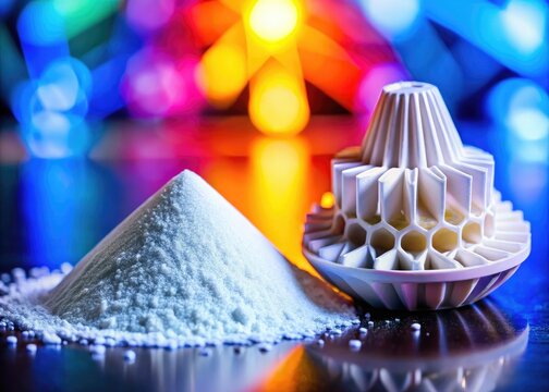 Detailed view of white polyamide powder alongside a 3D printed object, showcasing the additive manufacturing technology process in action for innovative production methods.