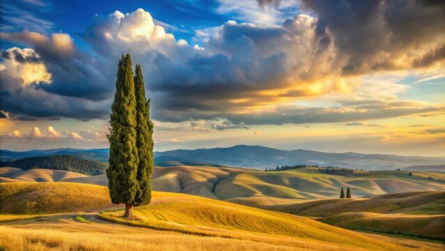 Tall cypress tree overlooking golden rolling hills under a partly cloudy sky, with distant mountains, nature, landscape, tree