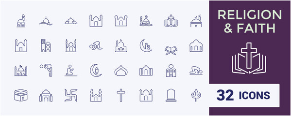 Fototapeta premium Religion and faith icon set. Religious icon collection in line style. Related to Islma, Christian, Hinduism, Judaism. Editable stroke. Vector illustration.
