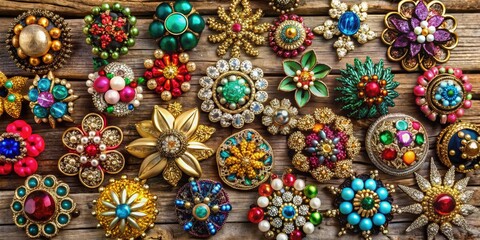 Discover a beautiful collection of vintage brooches, elegantly presented on a rustic wooden surface, ideal for antique lovers who cherish history and artistic craftsmanship.