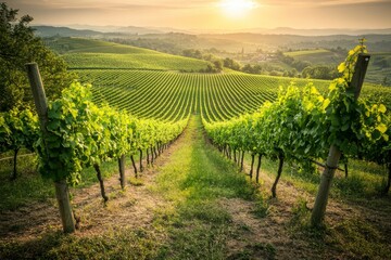 Naklejka premium Golden Sunrise Illuminating a Lush Vineyard Landscape, Symbolizing the Start of a New Day with Copy Space