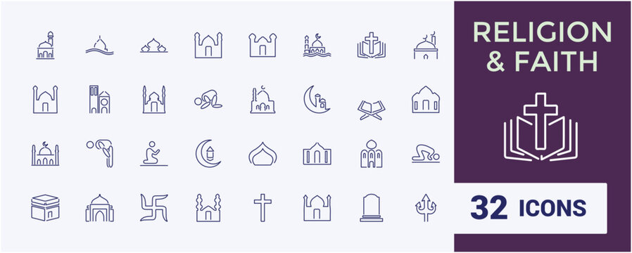 Religion and faith icon set. Religious icon collection in line style. Related to Islma, Christian, Hinduism, Judaism. Editable stroke. Vector illustration.