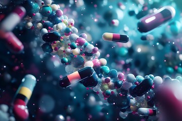 A vibrant close-up of colorful capsules floating among molecular structures, emphasizing the intricate relationship between medicine and biology.