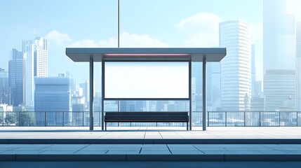 Obraz premium A modern bus stop in an urban setting with a blank advertisement panel and a bench, surrounded by tall buildings under a clear blue sky.