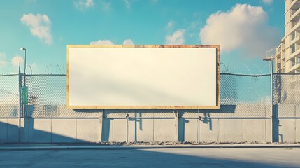 Obraz premium A vacant billboard stands against a clear blue sky and modern buildings, conveying a sense of potential and urban landscape.