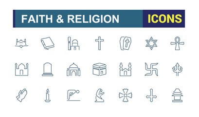 Religion and faith icon set. Religious icon collection in line style. Related to Islma, Christian, Hinduism, Judaism. Editable stroke. Vector illustration.