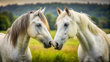 Obraz premium Two Beautiful White and Gray Horses in a Pasture Embracing Love and Tenderness