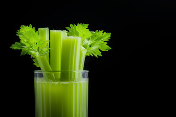 Freshly squeezed celery juice in a glass with fresh celery stalks inside, copyspace