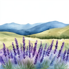 Obraz premium A watercolor landscape of a field of lavender with rolling hills in the background, isolated on white background