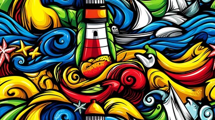 A playful nautical adventure doodle pattern featuring sailboats, anchors, and seagulls, with swirling waves, starfish, and lighthouses, set against a bright and lively backdrop, vivid colors,