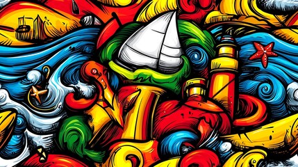 Fototapeta premium A playful nautical adventure doodle pattern featuring sailboats, anchors, and seagulls, with swirling waves, starfish, and lighthouses, set against a bright and lively backdrop, vivid colors,