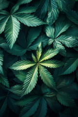 A close up of a green leafy plant with a single leaf in the center. The leaf is surrounded by other leaves, creating a dense and lush appearance. Concept of abundance and growth