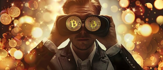 Businessman looks with binoculars straight into the camera. The glasses are golden bitcoins. Concept crypto trading, trend and future. Background with swirling coins shows the turbulence.