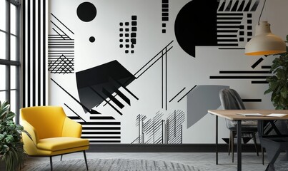 Fototapeta premium Modern room with geometric wall art.