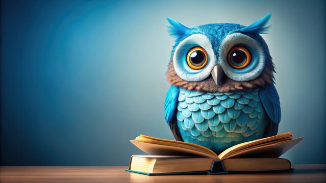 Charming  of a wise blue owl reading a book, wise, owl, blue, reading, book, education, cute, character, fantasy, whimsical