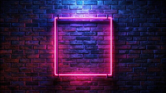 Neon frame hanging on brick wall in dark room, moody atmosphere, neon, frame, brick wall, empty room, moody, atmosphere