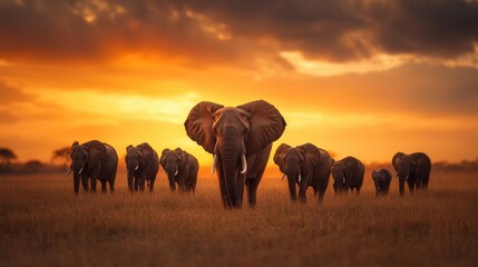 Fototapeta premium Majestic Elephants in African Savannah at Sunset