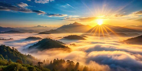 Sunrise over misty mountain range with sun rays, serene landscape, sunrise, misty, mountain range, sun rays, serene, landscape