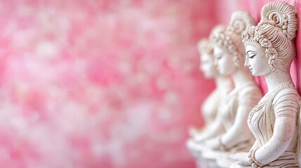 Serene Buddha Statues Against Pink Background