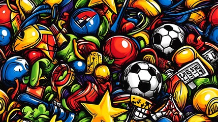 Fototapeta premium A playful sports-themed doodle pattern filled with soccer balls, basketball hoops, tennis rackets, and football helmets, surrounded by stars, scoreboards, and swirling lines,