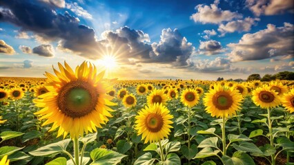 Obraz premium Sunflower field under sunny sky , agriculture, farming, harvesting, rural, gardening, summer, yellow flower, blooming, field