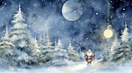 Fototapeta premium Cheerful Santa Claus in snowy backdrop evokes holiday spirit and warmth.