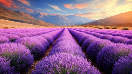 Fototapeta premium Lavender Field Rows in Mountain Valley at Sunset