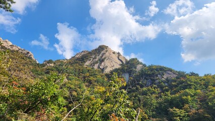 the top of Bukhansan Mountain in Korea in sunny weather in autumn. hiking in korea. mountains Korea Seoul. Maple leaves