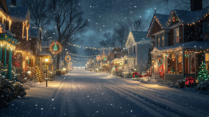 A snow-covered street at night  with houses decorated with colorful Christmas lights