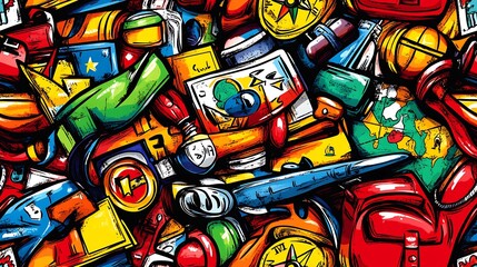 Obraz premium A playful vintage travel doodle pattern featuring classic airplanes, old-style travel bags, postcards, and stamps, with a bright background of hand-drawn maps and compass designs,