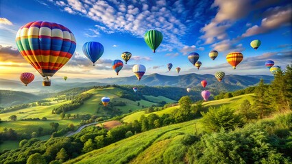 Fototapeta premium Vibrant Balloon Festival in a Panoramic Landscape for Stunning Backgrounds