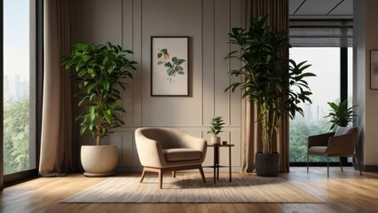 Fototapeta premium Modern Living Room Retreat: A calming and stylish living room featuring a plush armchair, potted plants, and a large window overlooking a city skyline.