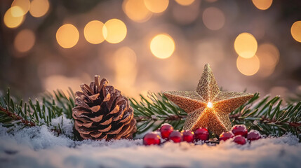 Decorative pinecone and star ornament on snowy ground with twinkling lights on Christmas Eve