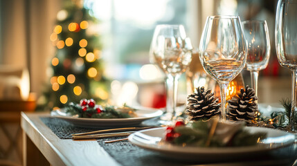 Elegant Christmas Eve dinner setup with festive decorations and a decorated tree in the background