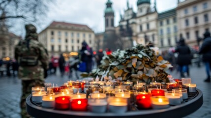 Silent Remembrance: Rows of lit candles in a memorial square pay tribute to the lives lost in war.