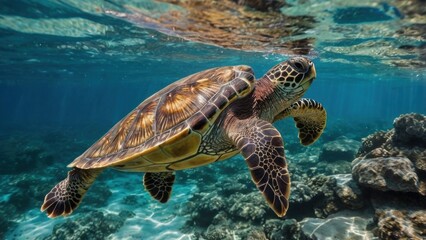 Fototapeta premium Sea Turtle Grace: A mesmerizing underwater photograph of a majestic sea turtle gliding effortlessly through a vibrant coral reef, showcasing the beauty and tranquility of the ocean. 