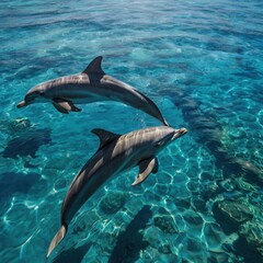 Oceanic Ballet: Two dolphins gracefully glide through the crystal-clear turquoise waters, their sleek bodies reflecting the sunlight in an underwater dance of elegance and freedom. 