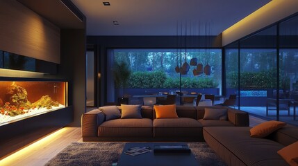 Fototapeta premium Contemporary living room with a glowing fish tank, the perfect element for a tranquil and relaxed setting.