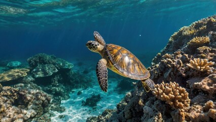 Obraz premium Graceful Green Sea Turtle in Coral Reef Paradise 