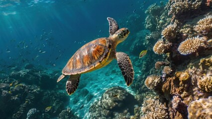 Obraz premium Oceanic Serenity: Green Sea Turtle glides gracefully through vibrant coral reef, sunlit waters. A captivating underwater scene showcasing marine wildlife. 