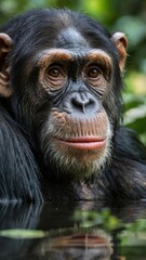 Naklejka premium Chimpanzee Reflection: A captivating close-up portrait of a chimpanzee, its expressive eyes gazing serenely, partially submerged in water with a lush green backdrop reflecting in the still surface.
