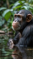 Naklejka premium Chimpanzee Contemplation: A pensive chimpanzee sits calmly in a tranquil pool, its dark eyes gazing thoughtfully into the distance, surrounded by lush green foliage.
