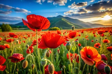 Obraz premium Vibrant Field of Red Poppies in Portrait Orientation with High Depth of Field for Stunning Nature Photography