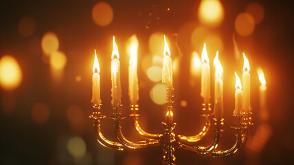 Fototapeta premium A beautifully lit menorah with flames shining brightly during Hanukkah celebrations at night