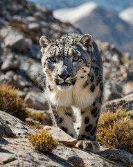 Fototapeta premium Majestic Snow Leopard on Rocky Mountain Peak 