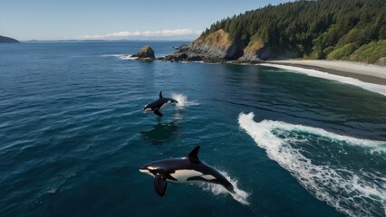 Fototapeta premium Orca Ocean Symphony: Two majestic orcas leap and play in the vibrant blue ocean, a breathtaking spectacle against the backdrop of a dramatic coastline.
